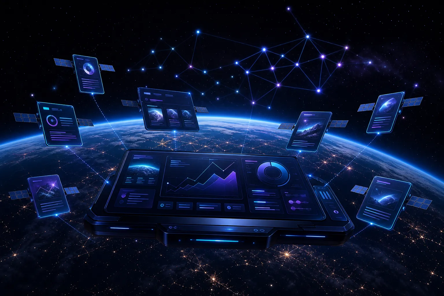Orbital command center dashboard above Earth representing static website analytics, SEO schema, and AI-search visibility