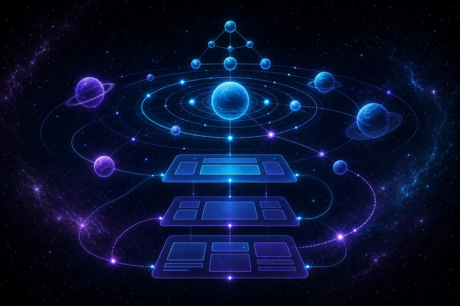 Cosmic website architecture with orbiting schema nodes, content panels, and semantic SEO layers